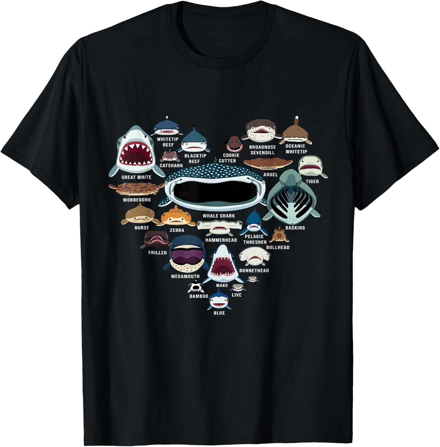 Types Of Sharks Marine Biology - All Shark Faces Heart T-Shirt - T-Shirt | Black