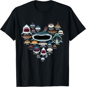 Types Of Sharks Marine Biology - All Shark Faces Heart T-Shirt - T-Shirt | Black