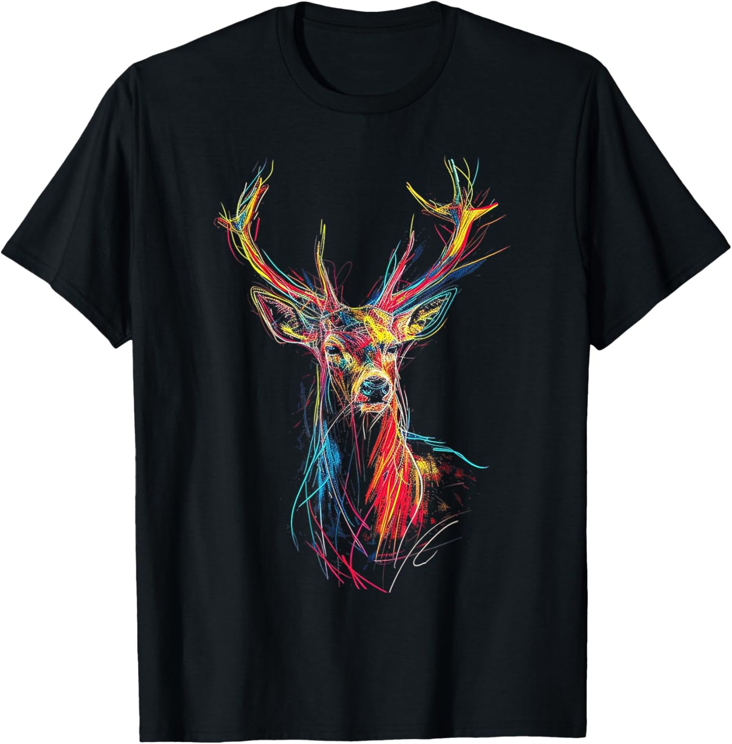 Deer Drawing Animal Colorful Fantasy Art Graphic Deer T-Shirt - T-Shirt | Black