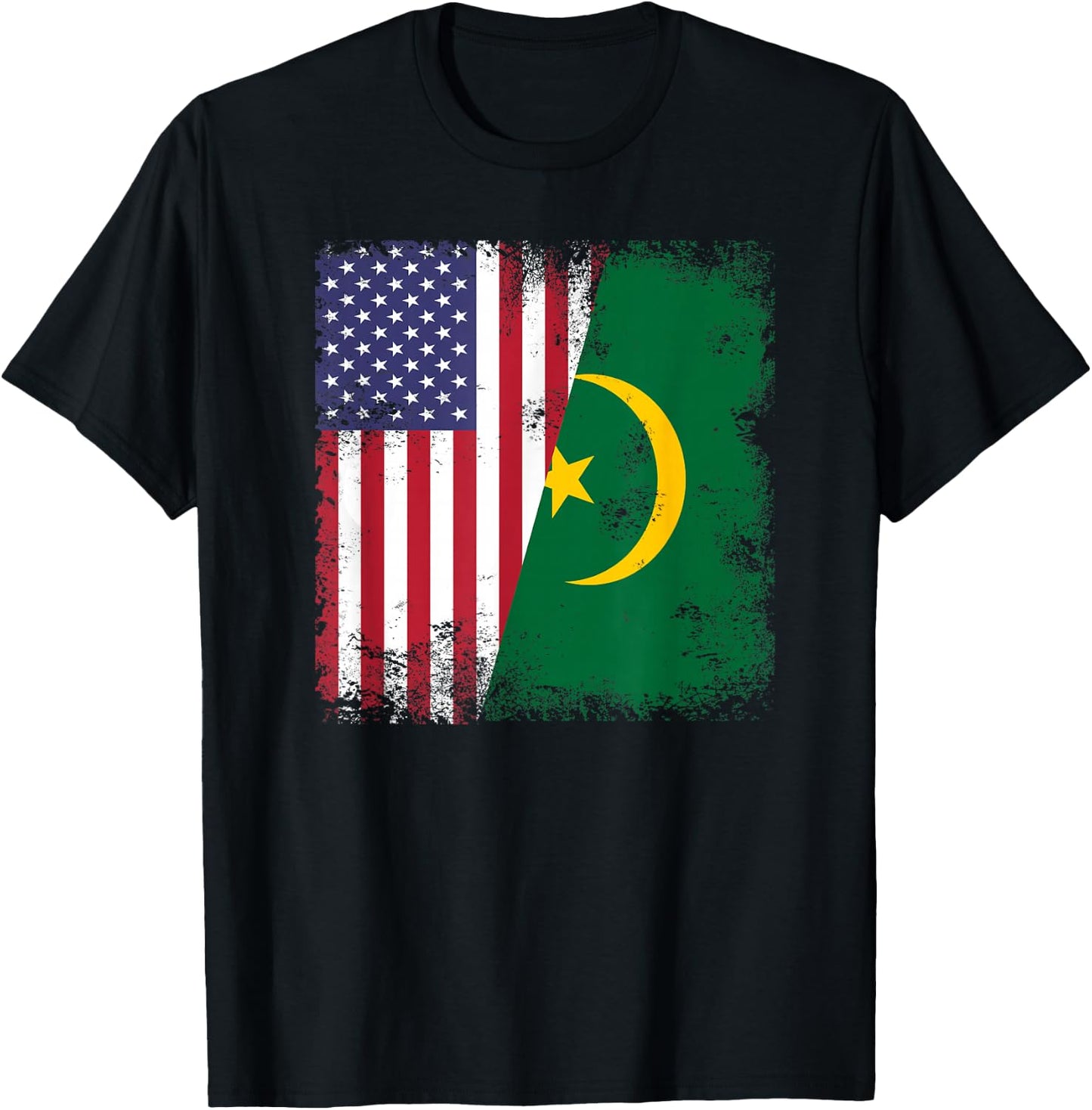 Half Mauritanian Flag | Vintage Mauritania USA Gift T-Shirt - T-Shirt | Black