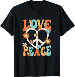 Love Peace Sign 60s 70s Outfit Hippie Groovy Women Girls T-Shirt - T-Shirt | Black
