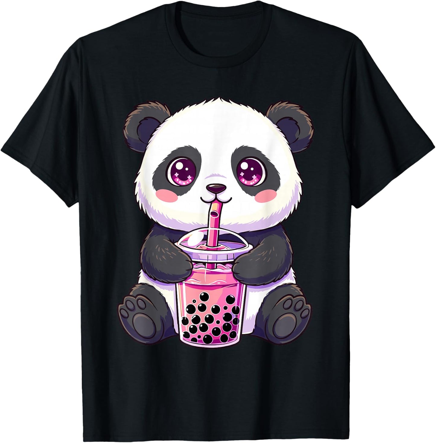 Panda with Boba Bubble Tea Cute Kawaii T-Shirt - T-Shirt | Black