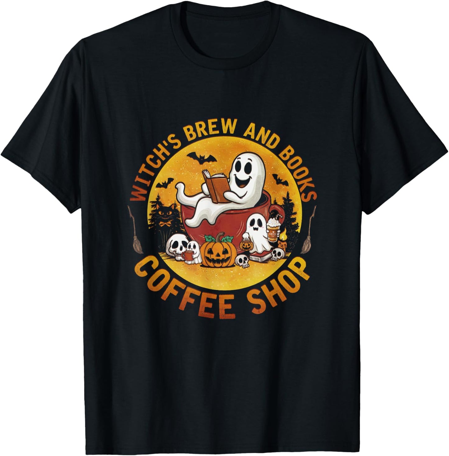 Ghost Witch's Brew And Book Coffee-Shop Halloween Costume T-Shirt - T-Shirt | Black