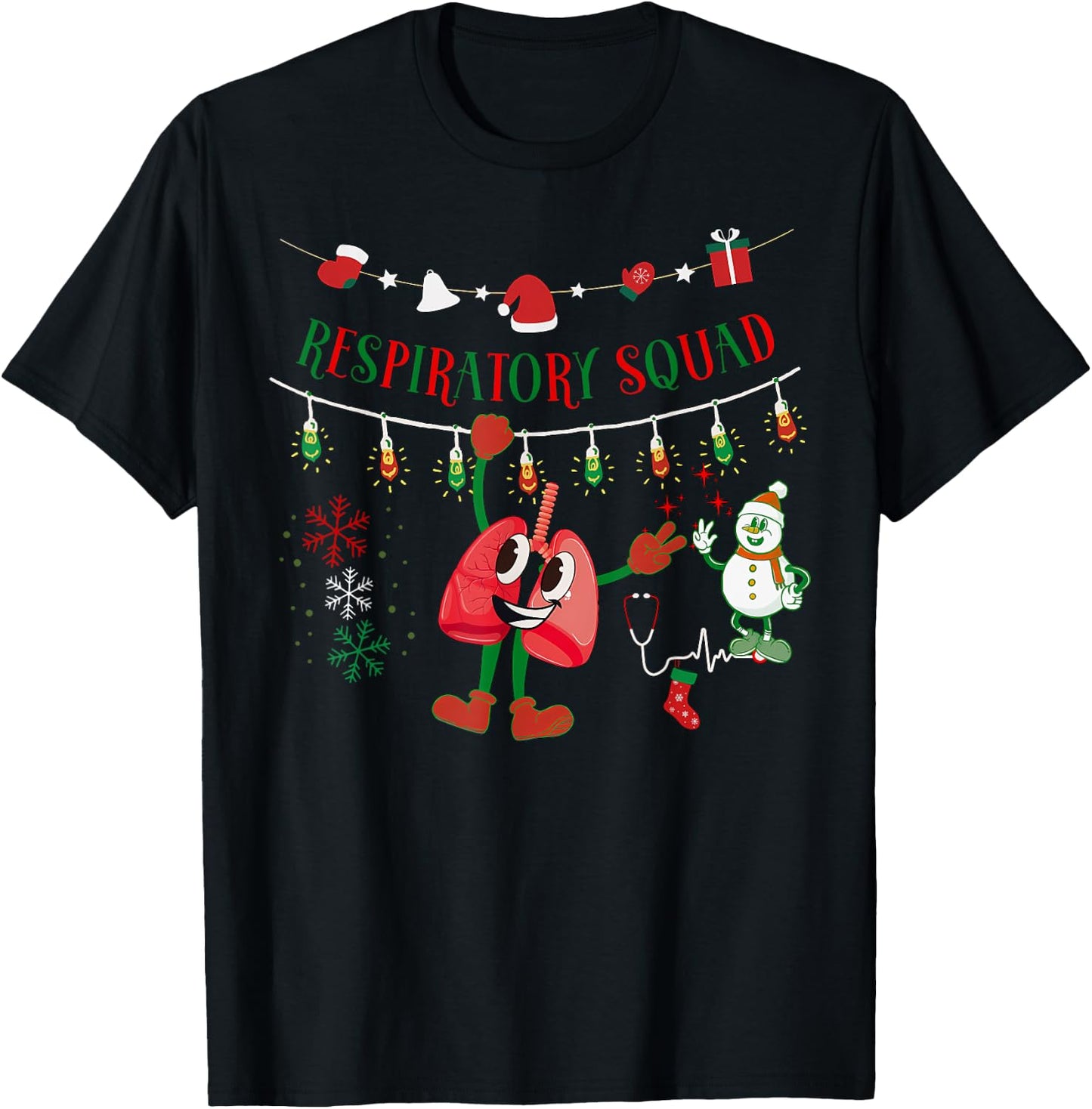 Respiratory Squad Nurse Xmas Light Lung Hanging Pulmonary T-Shirt - T-Shirt | Black