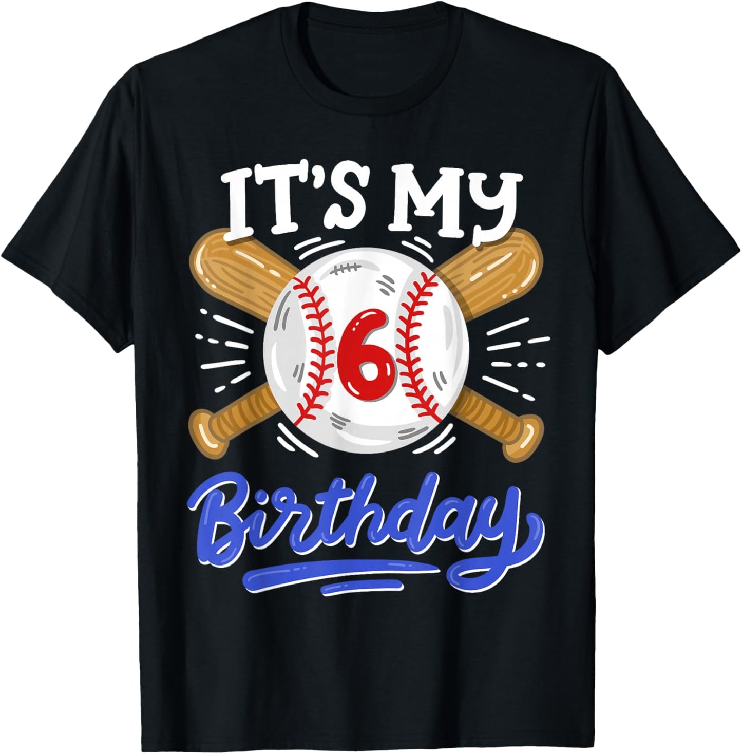 Kids 6th Baseball Birthday Party Boys Sport Fan 6 Years Old T-Shirt - T-Shirt | Black