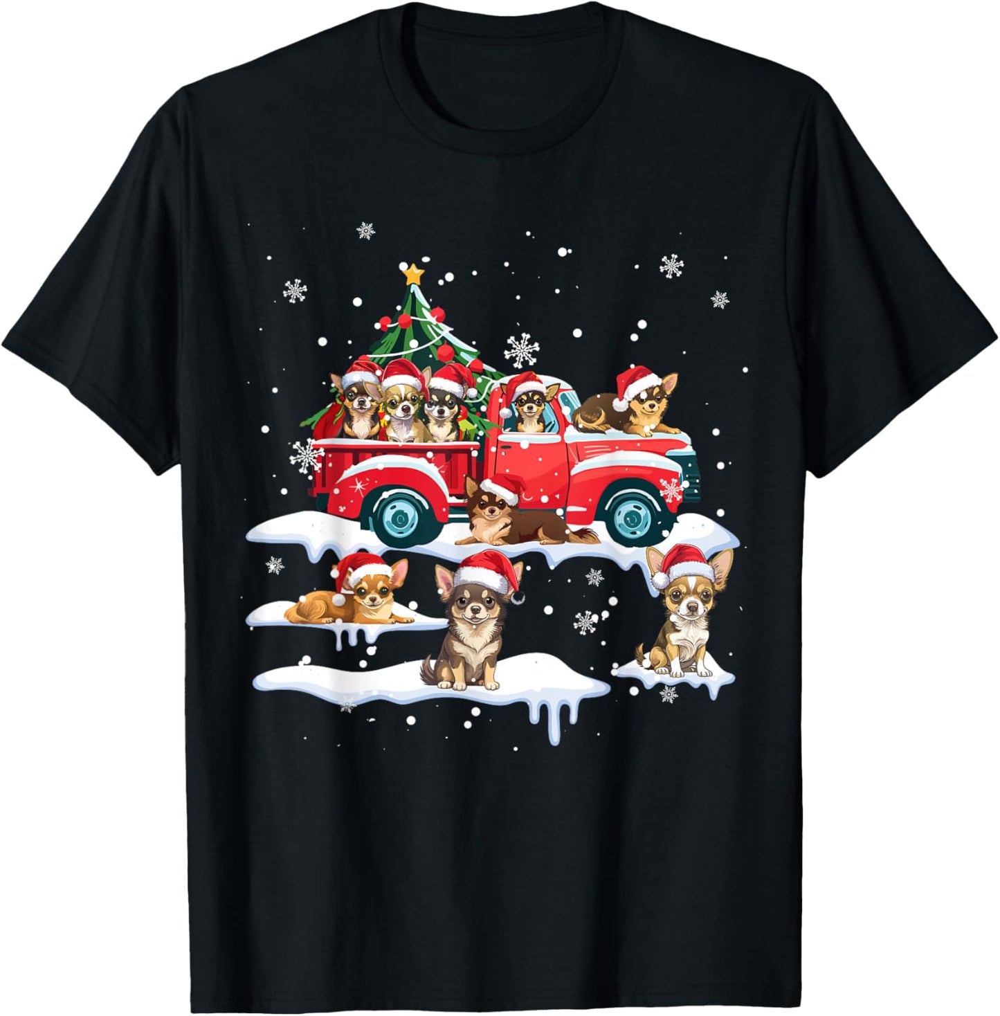 Chihuahua Dog Riding Red Truck Ugly Sweater Merry Christmas T-Shirt - T-Shirt | Black