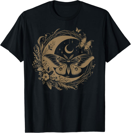 Cute Fairycore Floral Moth Aesthetic Girls Women Graphic T-Shirt - T-Shirt | Black