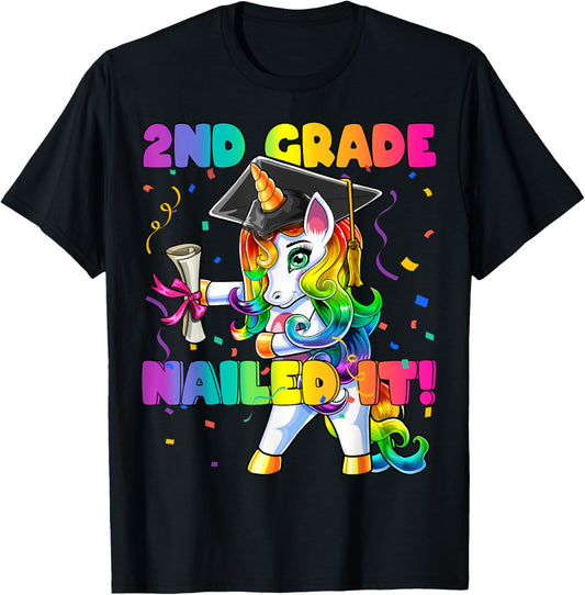Flossing Unicorn 2nd Grade Graduation Cap Diploma Gift Girls T-Shirt - T-Shirt | Black