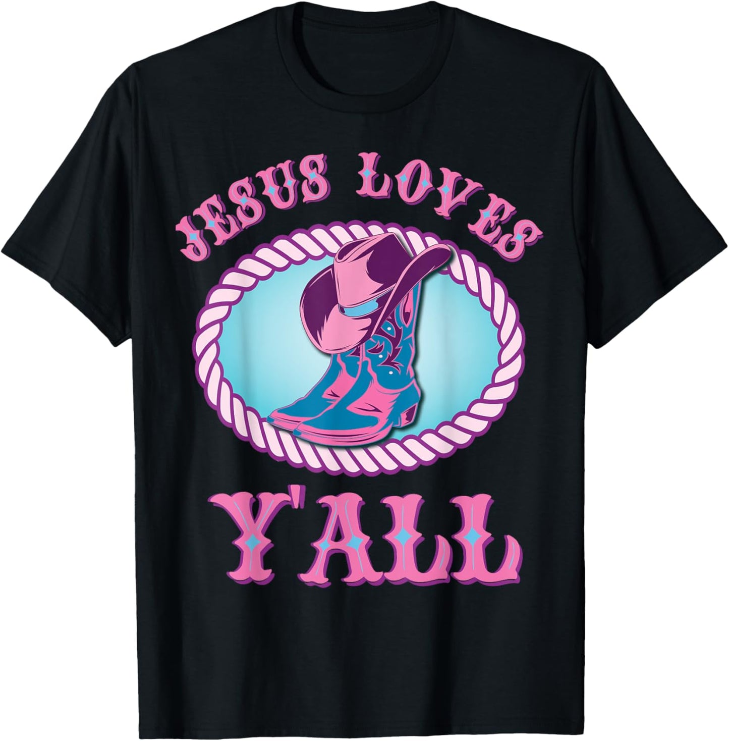Cute Jesus Loves Y'all Cowgirl Christian T-Shirt - T-Shirt | Black