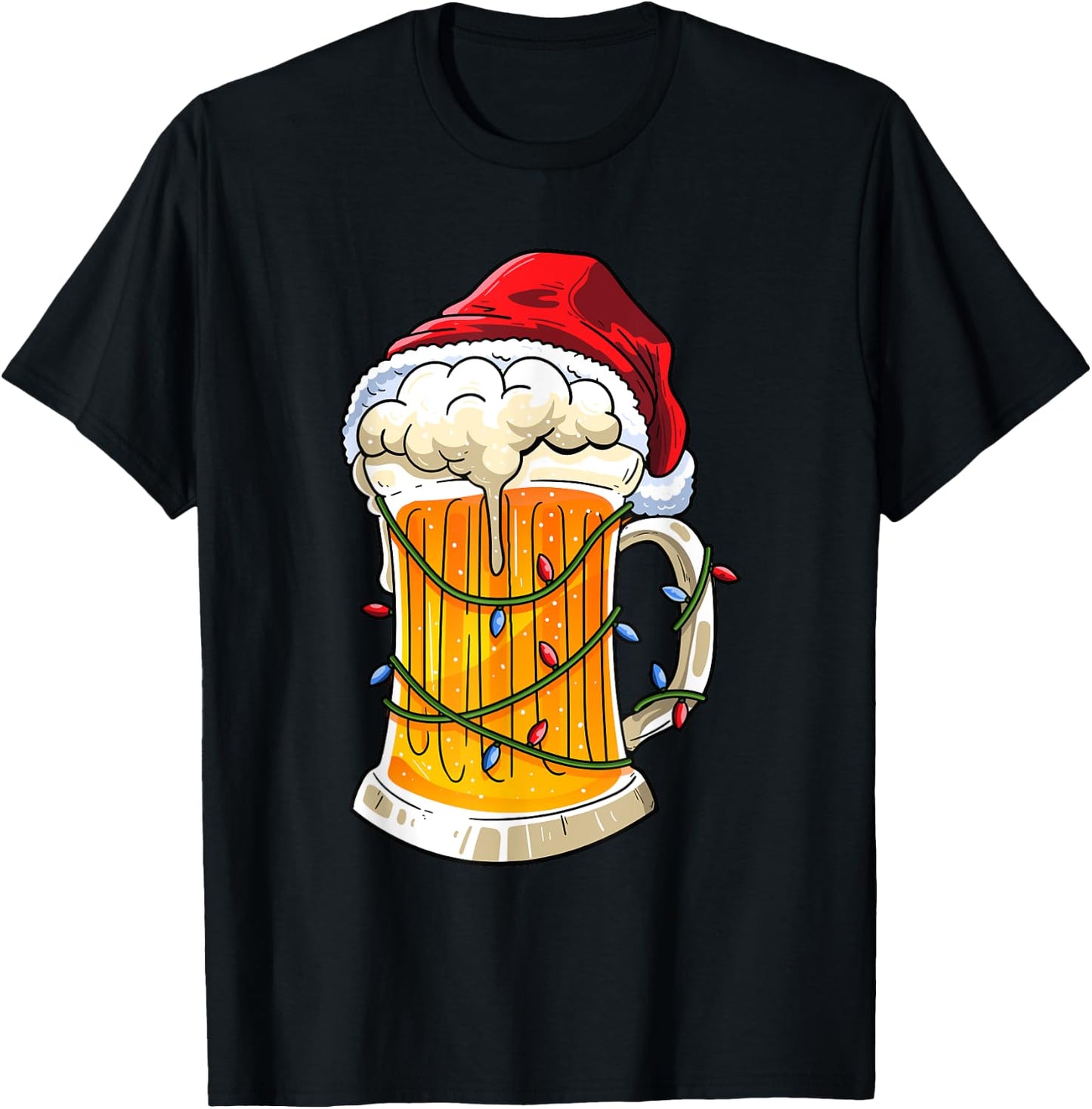 Beer Christmas Mug Santa Hat Xmas Lights Men Women Gifts T-Shirt - T-Shirt | Black