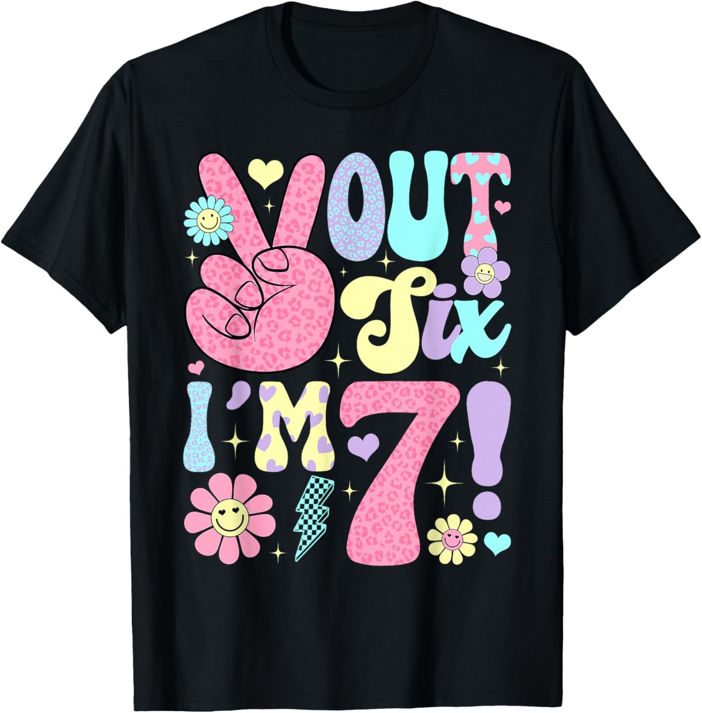 Groovy Peace Out Six I'm 7 Years Old 7th Birthday Girls Kids T-Shirt - T-Shirt | Black