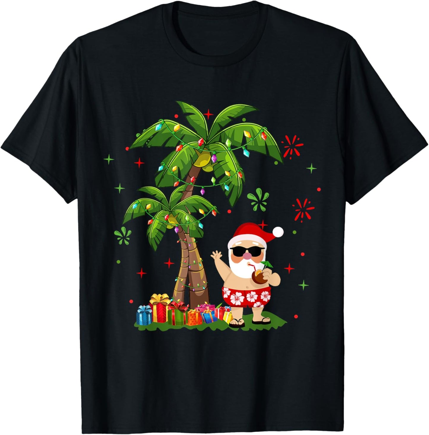 Santa Hawaiian Christmas Palm Tree Lights Xmas T-Shirt - T-Shirt | Black