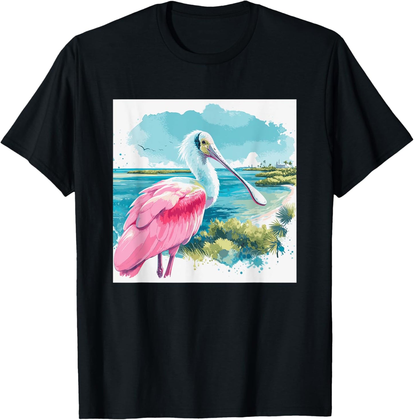 Roseate Spoonbill watercolor art in tropical setting T-Shirt - T-Shirt | Black