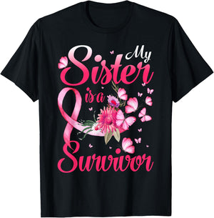 My Sister Is A Survivor Butterfly Breast Cancer Awareness T-Shirt - T-Shirt | Black
