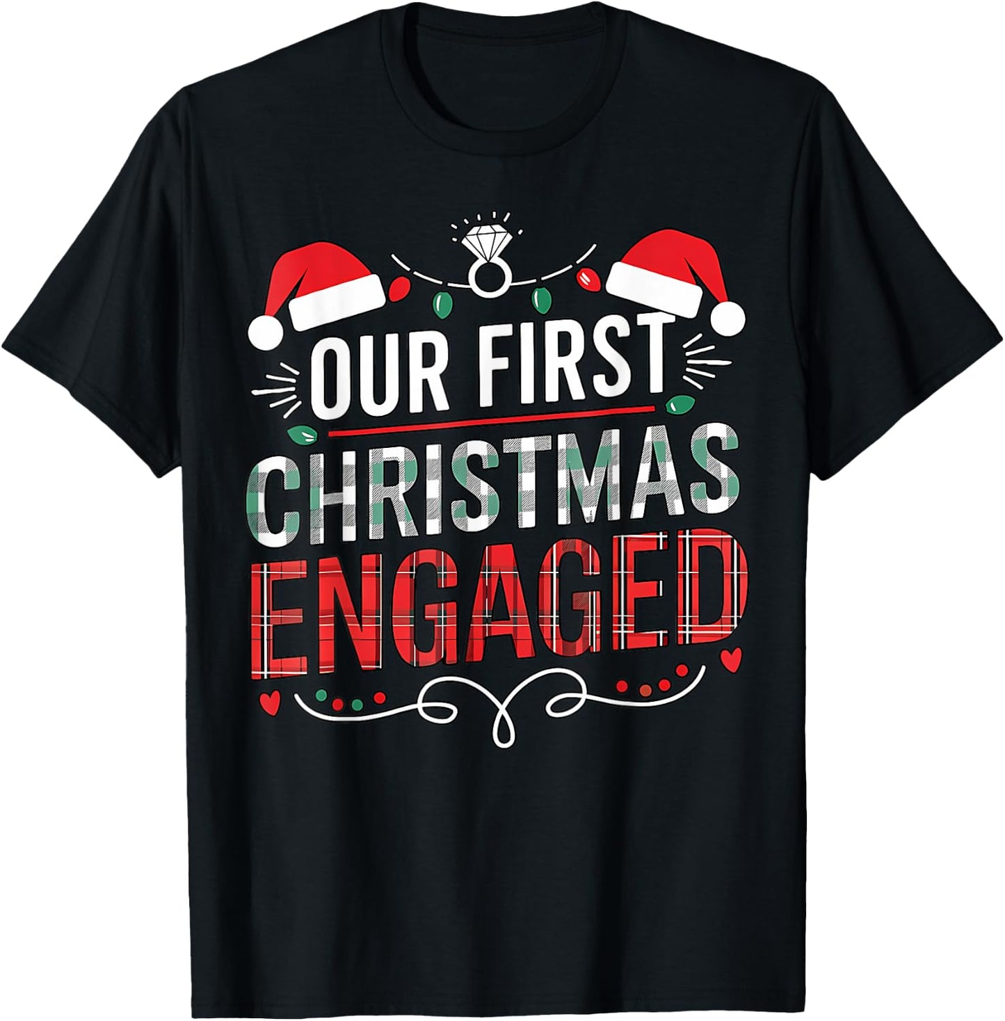 Our First Christmas Engaged 2024 Black Adult Christmas Couple Matching T-Shirt - T-Shirt | Black
