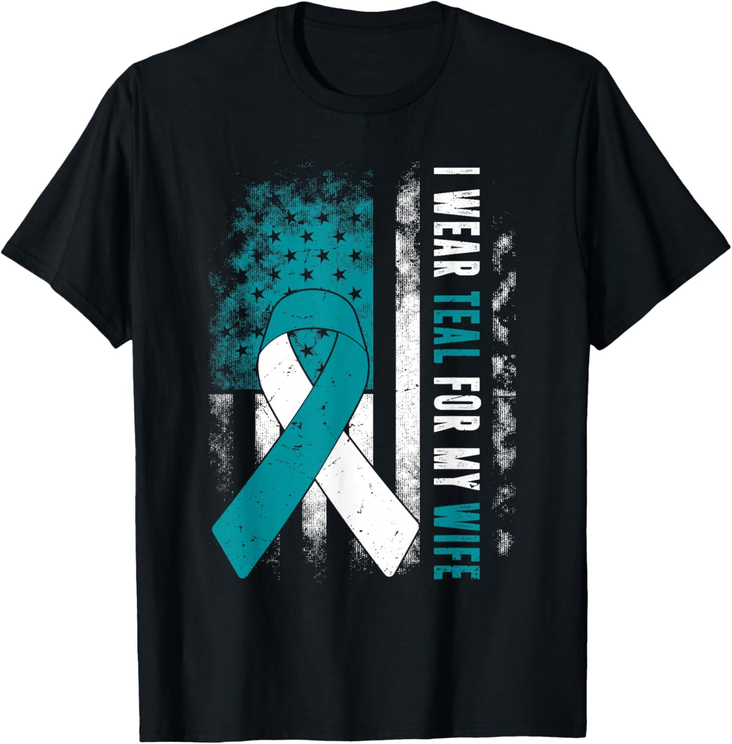 I Wear Teal For My Wife Cervical Cancer Husband USA Flag T-Shirt - T-Shirt | Black