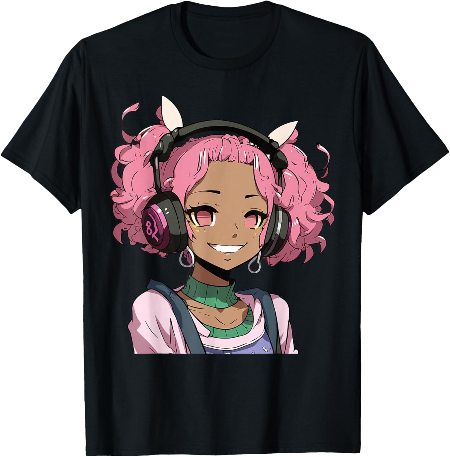 Anime and Music Black Girl Anime Merch Afro African American T-Shirt - T-Shirt | Black