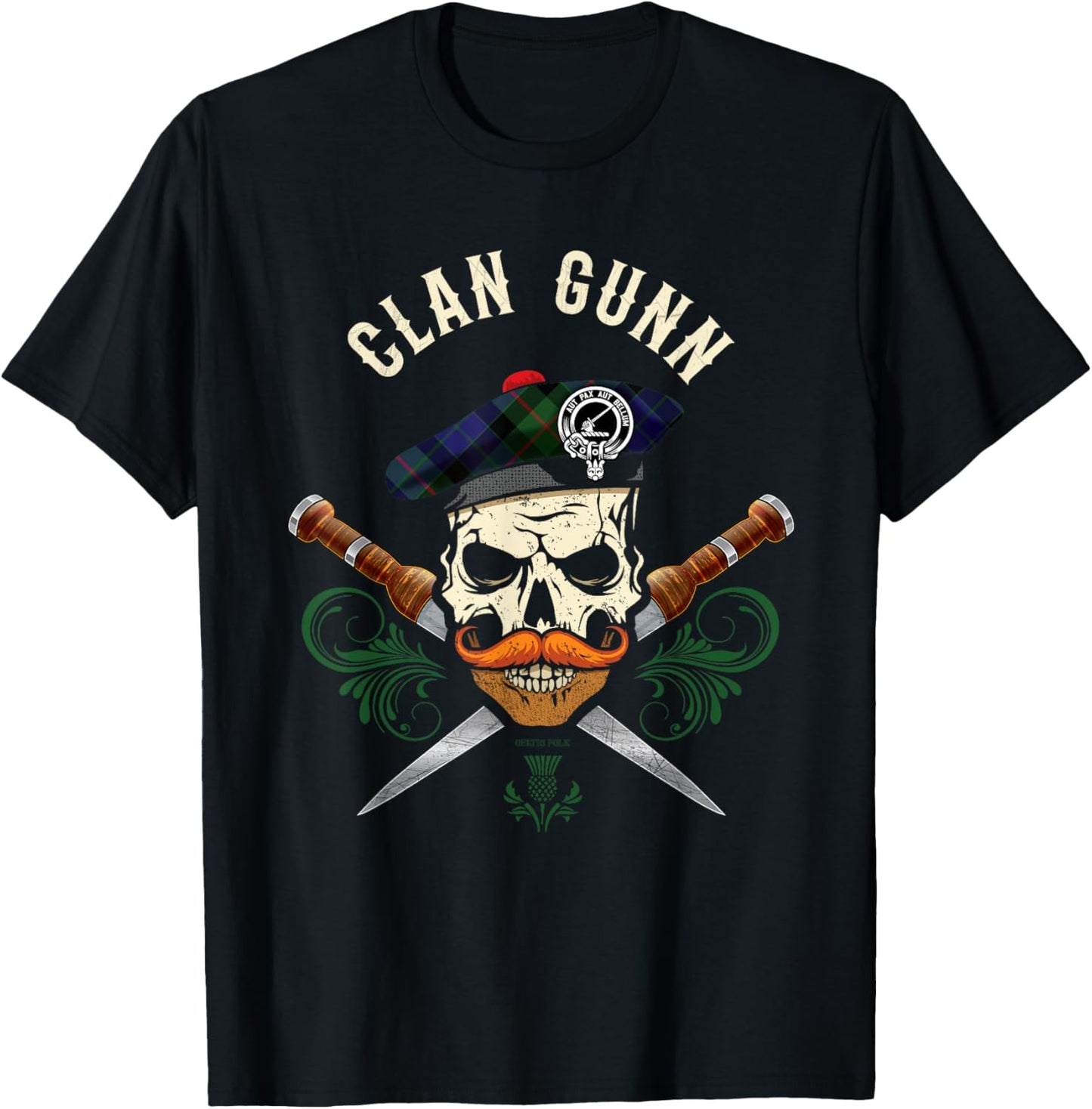 Scottish Clan Gunn Surname Skull Dirks Tartan Badge T-Shirt - T-Shirt | Black