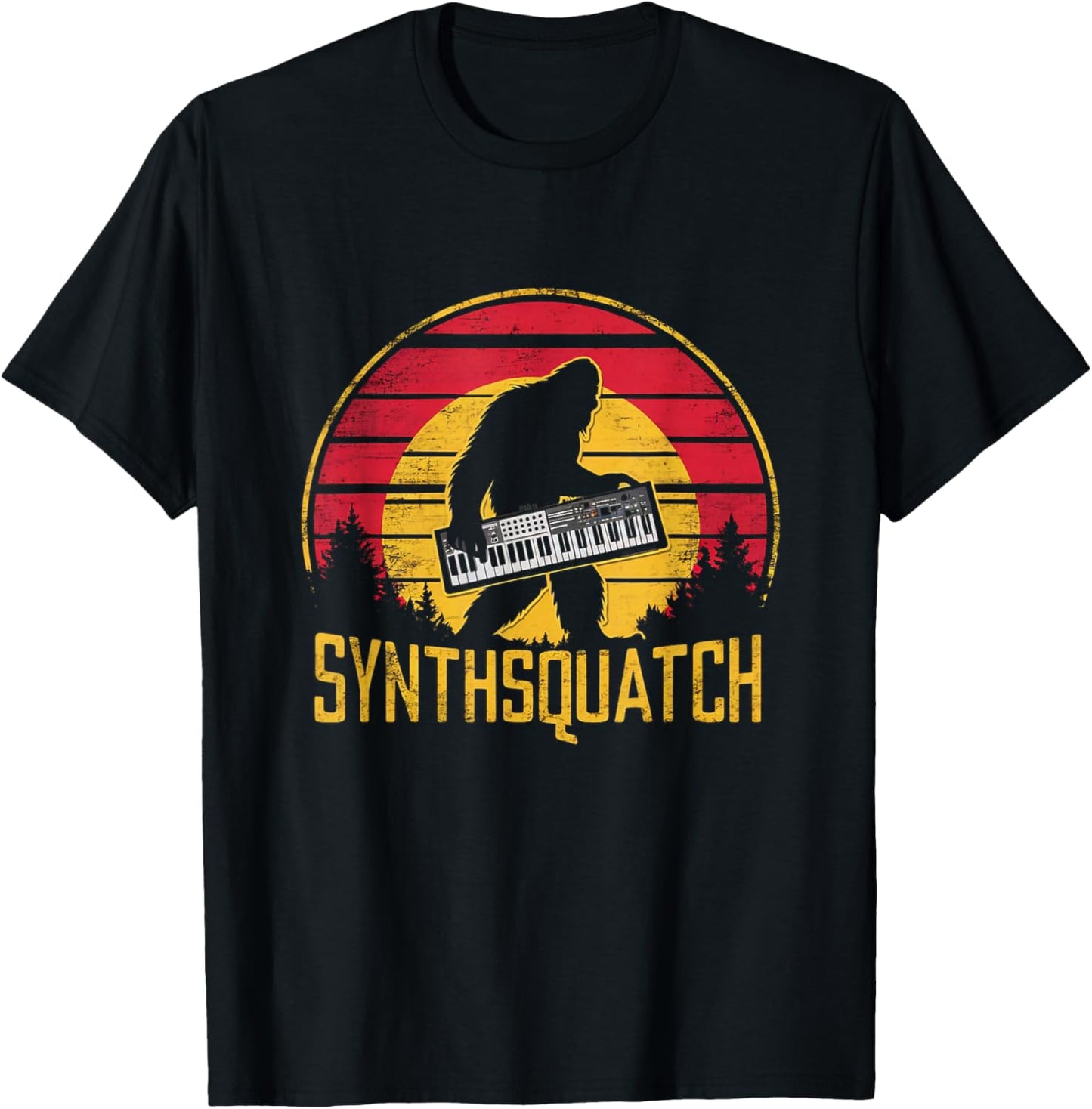 Retro Synthsquatch Music Synthesizer Lover Sunset Vintage T-Shirt - T-Shirt | Black