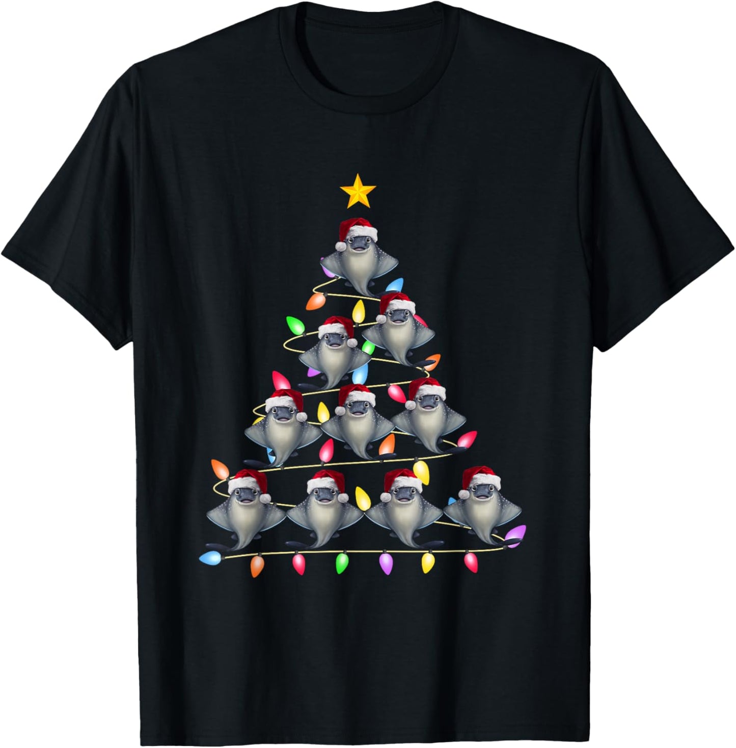 Christmas Tree Lights Men Women Santa Stingray Xmas PJs T-Shirt - T-Shirt | Black