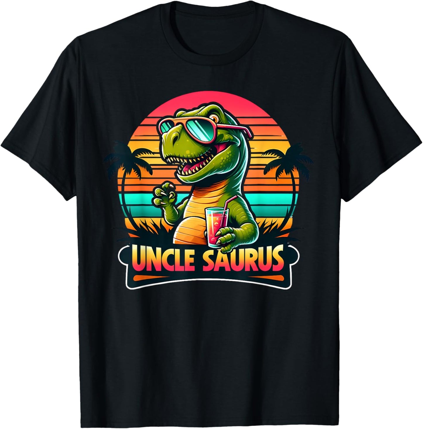 Uncle Saurus Rex Dinosaur Sunset Retro Style Family Matching T-Shirt - T-Shirt | Black