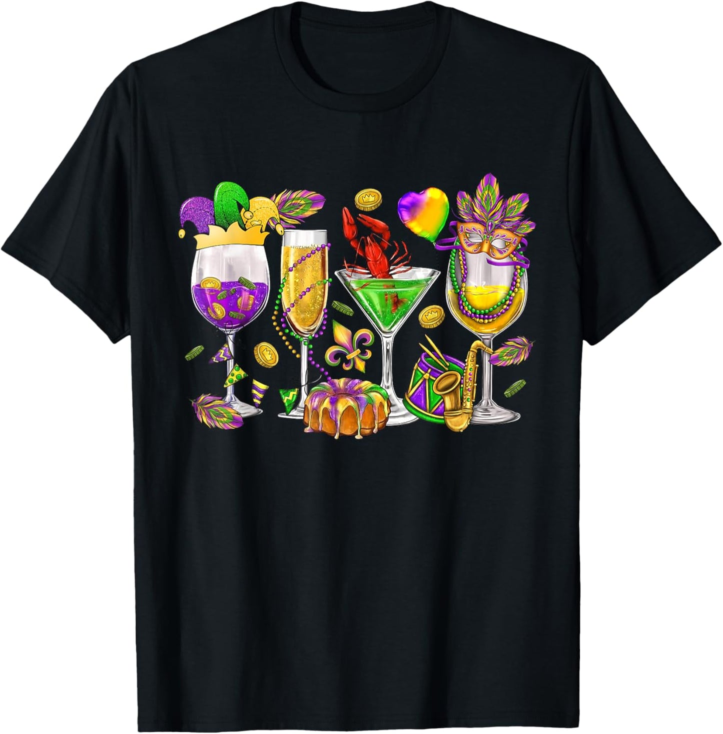 Mardi Gras Glass Of Wine Funny Drinking Wine Festival Parade T-Shirt - T-Shirt | Black