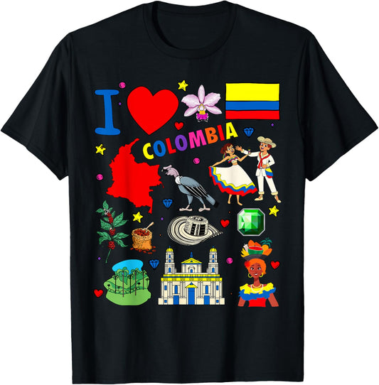 I Love Colombia Hand Drawn Colombian Landmarks, Flag and map T-Shirt - T-Shirt | Black
