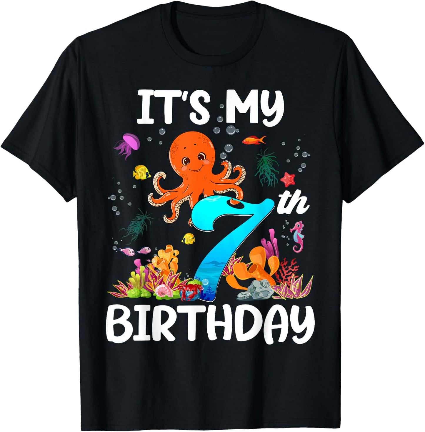 7 Year Old Ocean Life Whale Dolphin Octopus 7th Birthday T-Shirt - T-Shirt | Black