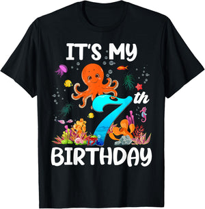 7 Year Old Ocean Life Whale Dolphin Octopus 7th Birthday T-Shirt - T-Shirt | Black