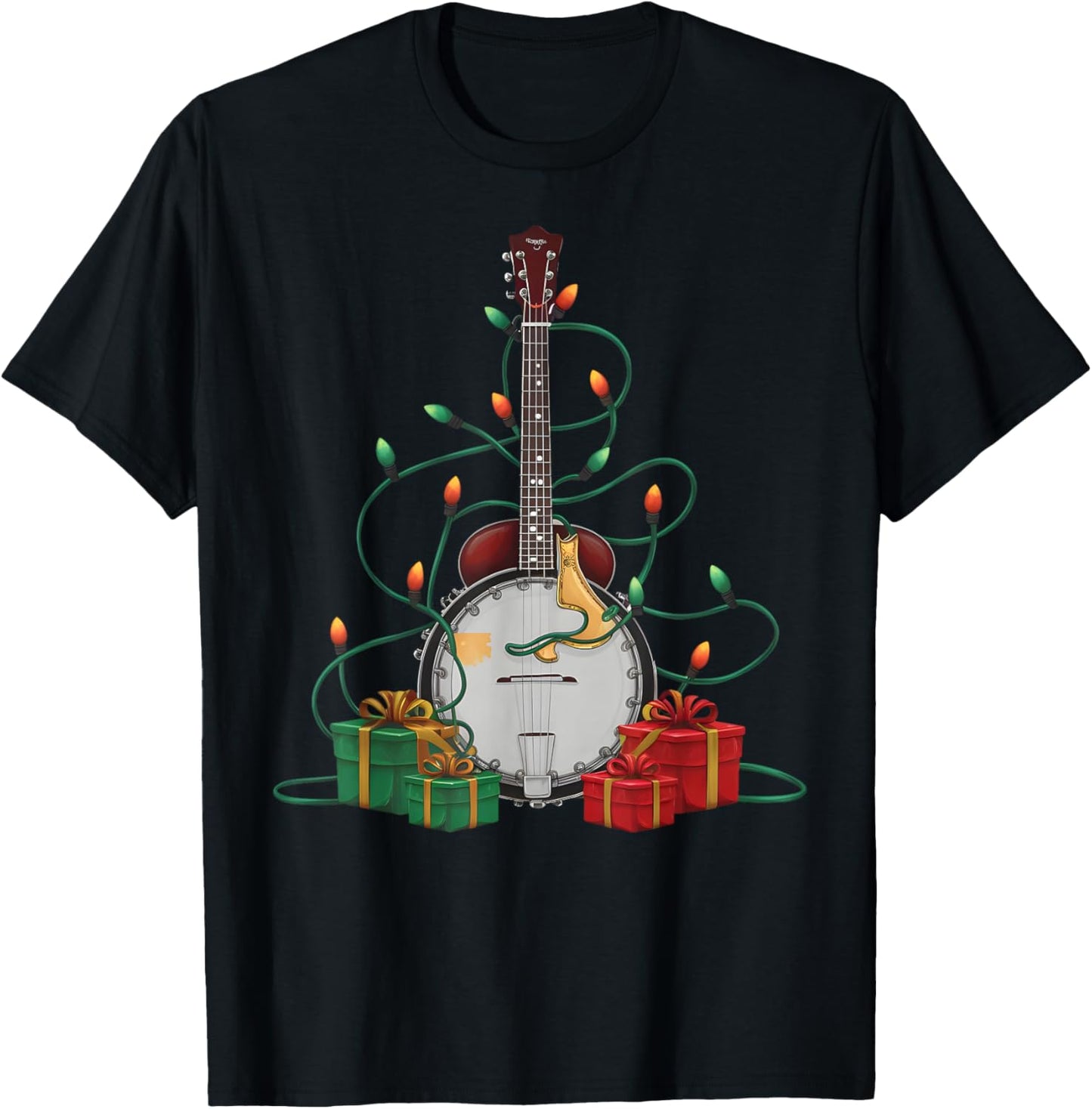 Xmas Lighting Santa Musical Banjo Christmas T-Shirt - T-Shirt | Black