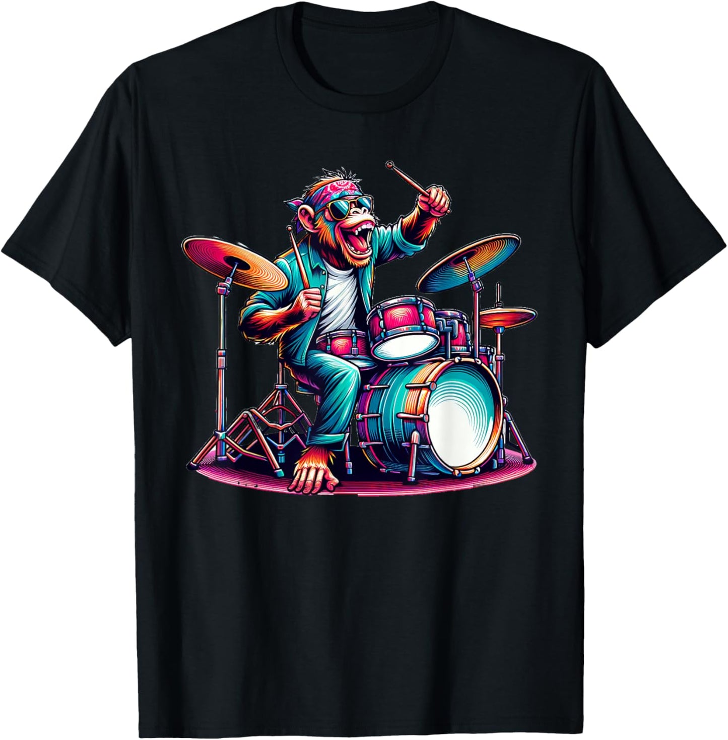 Cute Monkey Playing Drums Monkeys Drummer Music T-Shirt - T-Shirt | Black