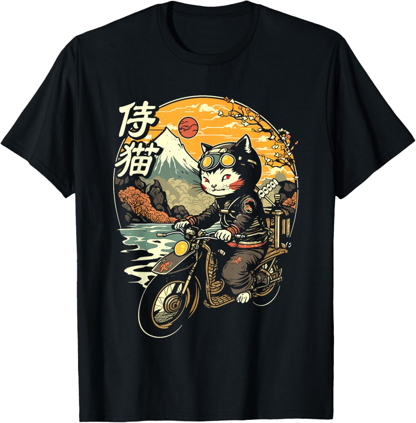 Japanese Samurai Cat on Motorcycle Kawaii Ninja Cat Men Women Kids T-Shirt - T-Shirt | Black