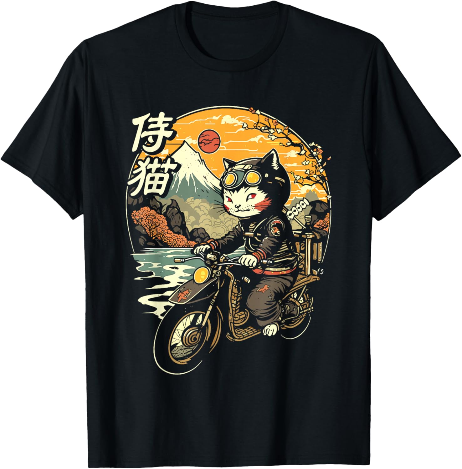 Japanese Samurai Cat on Motorcycle Kawaii Ninja Cat Men Women Kids T-Shirt - T-Shirt | Black