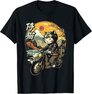 Japanese Samurai Cat on Motorcycle Kawaii Ninja Cat Men Women Kids T-Shirt - T-Shirt | Black