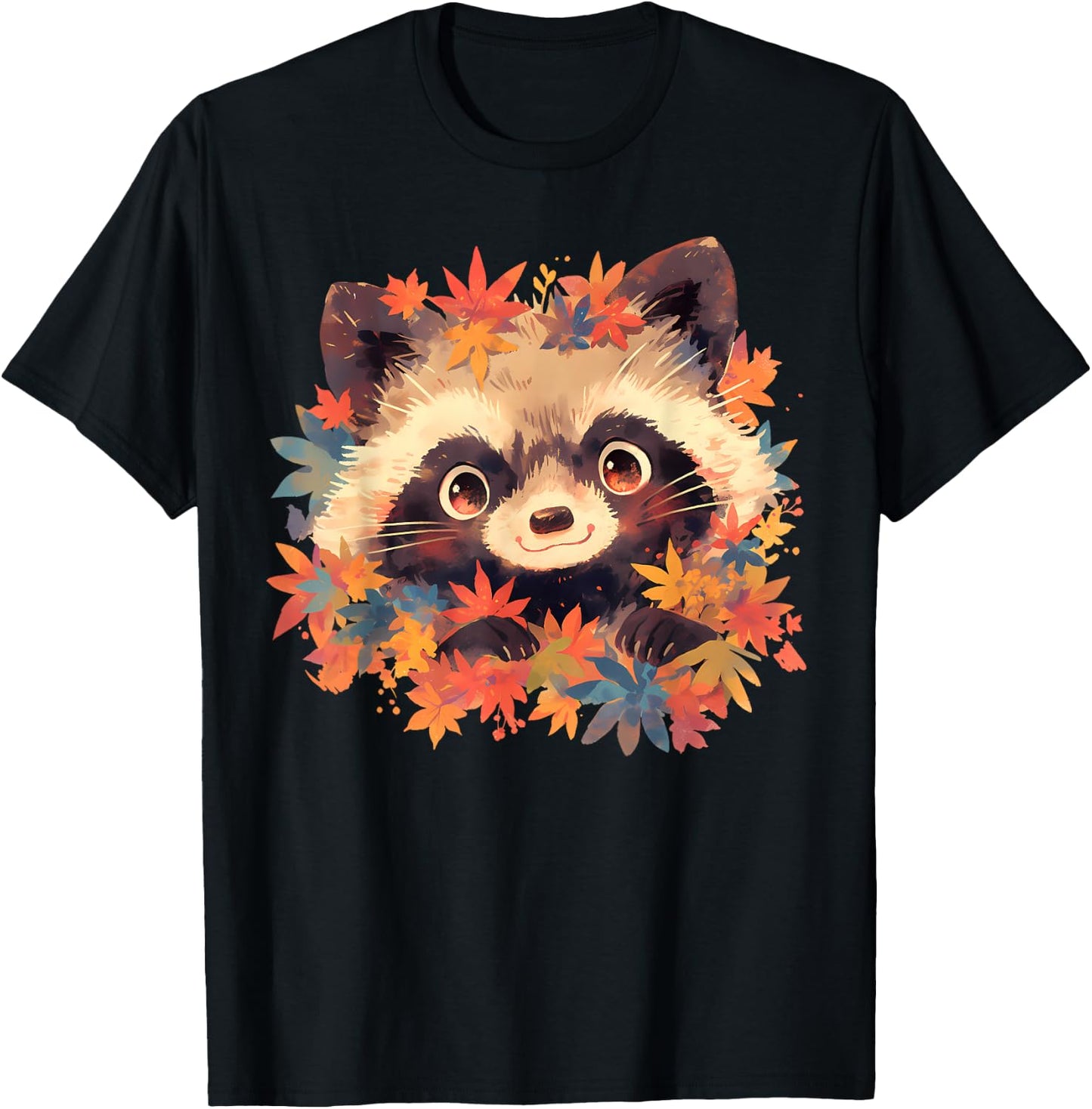 Tanuki & Japanese Maple - Cute Wildlife & Zoo Animals T-Shirt - T-Shirt | Black
