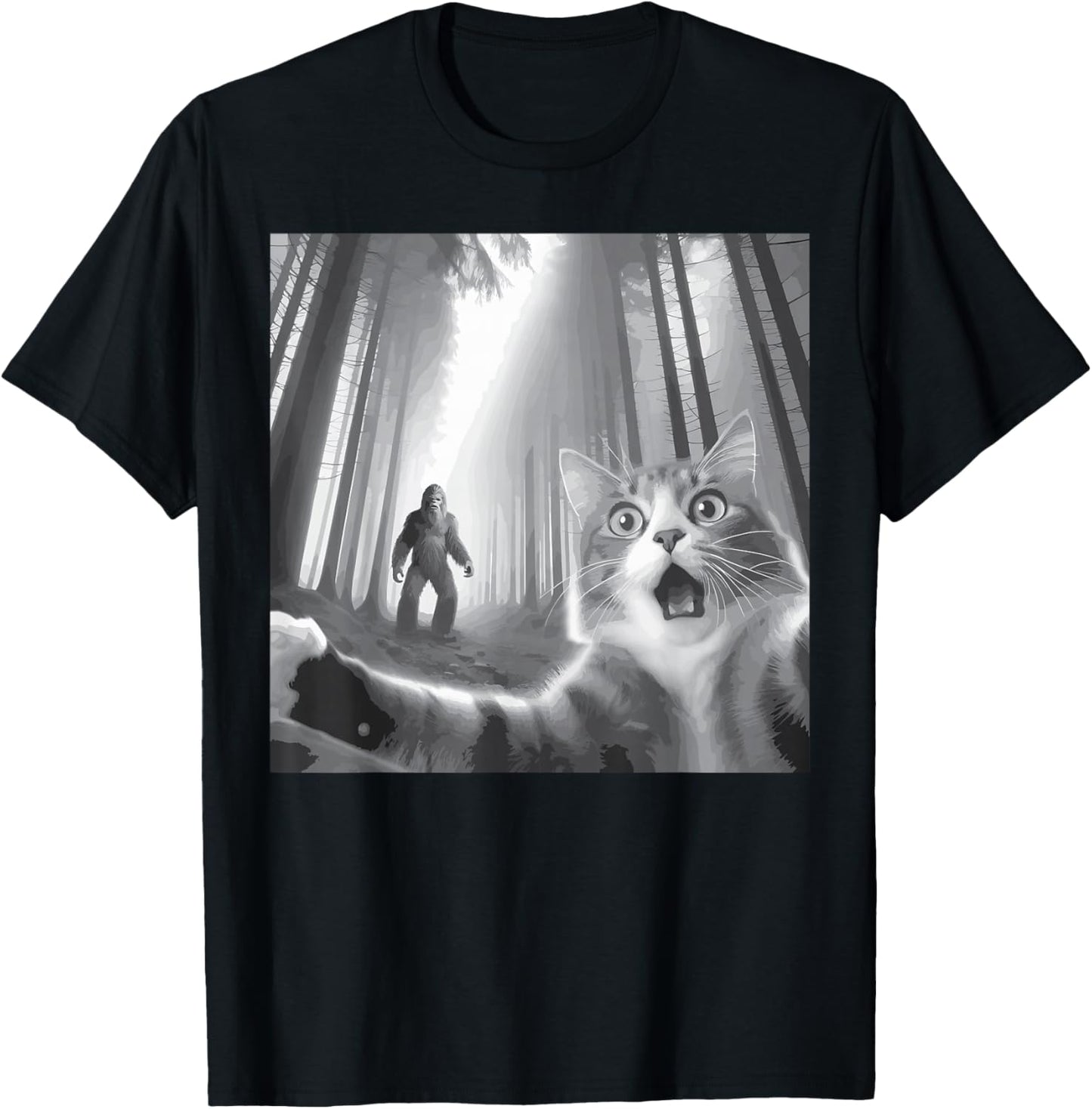 Funny Surprised Scared Cat Selfie With Sasquatsch Bigfoot T-Shirt - T-Shirt | Black