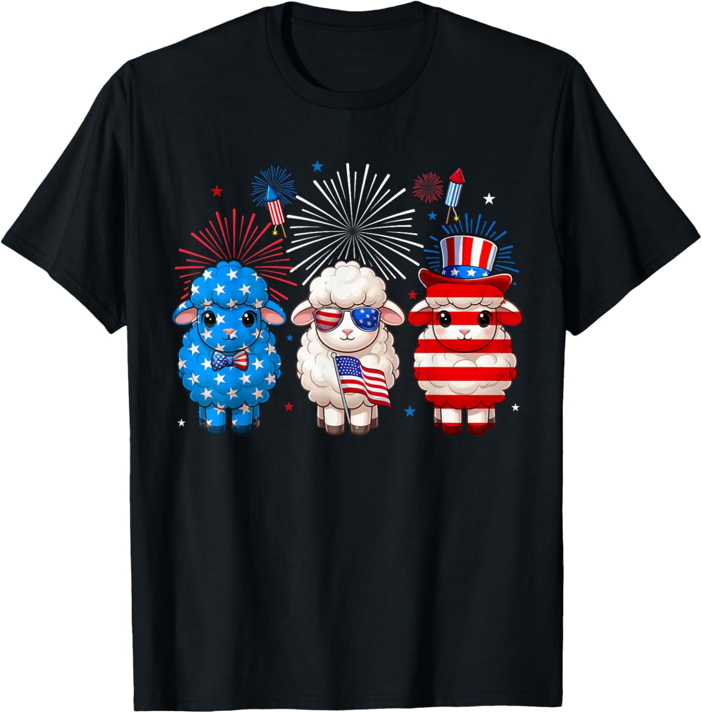 Three Red Blue White Cute Sheeps 4th Of July Farmer Rancher T-Shirt - T-Shirt | Black