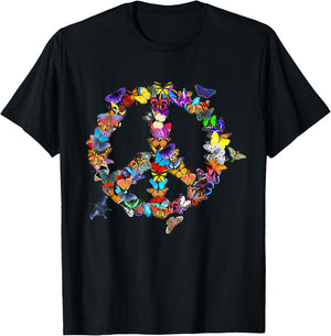 Butterfly Peace Sign Retro 60s 70s Colourful T-Shirt - T-Shirt | Black