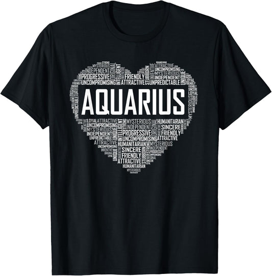 Love Aquarius Characteristics Co Aquarius Zodiac Traits Horoscope Astrology Sign Gift Heart T-Shirt - T-Shirt | Black