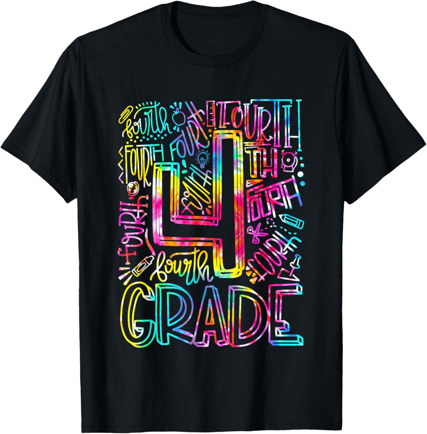Tie Dye 4th Grade Typography Team Fourth Grade Teacher Gift Men Women Kids T-Shirt - T-Shirt | Black