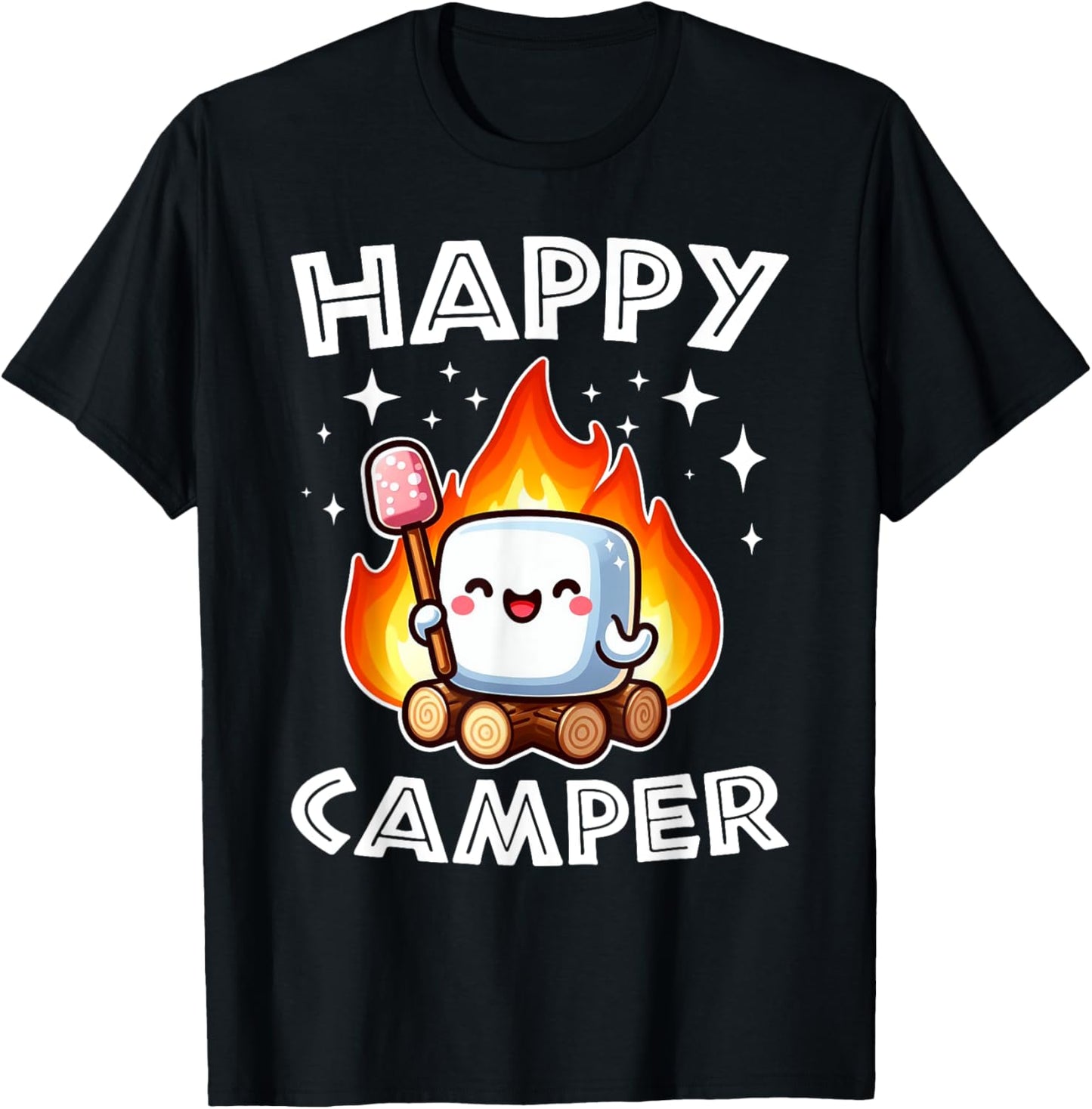 Happy Marshmallow Camper Cute Kids Girls Camp Camping Smores T-Shirt - T-Shirt | Black