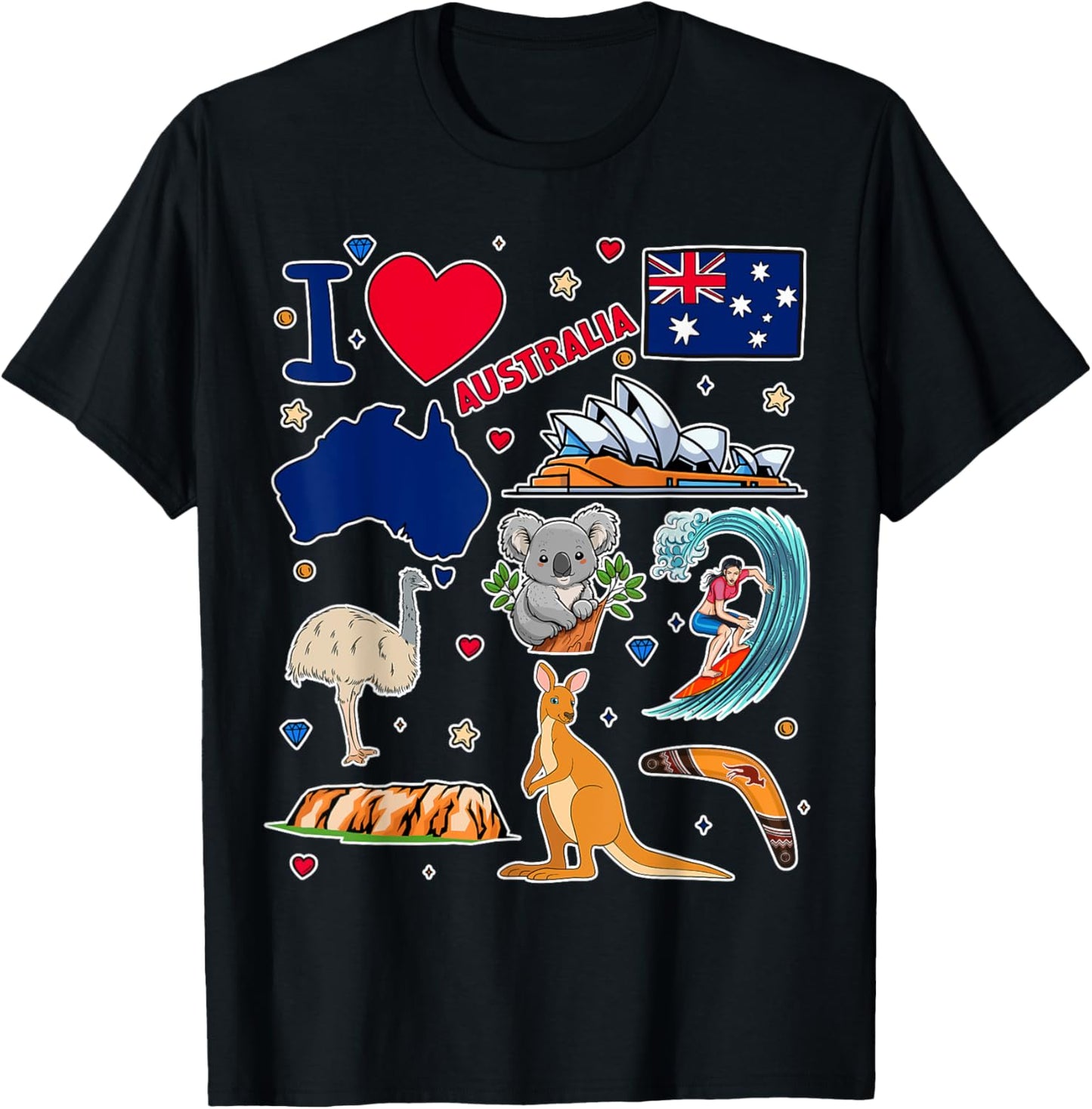Australian hand drawn symbols, Australia map, cultural icons T-Shirt - T-Shirt | Black