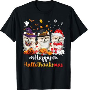 Happy Hallothanksmas Pomeranian Dog Halloween Christmas Men Women Kids T-Shirt - T-Shirt | Black