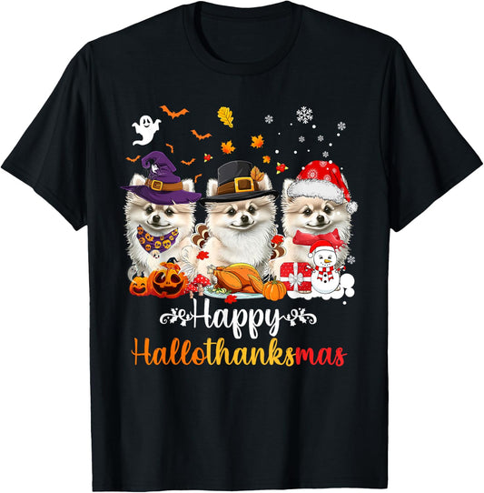 Happy Hallothanksmas Pomeranian Dog Halloween Christmas Men Women Kids T-Shirt - T-Shirt | Black
