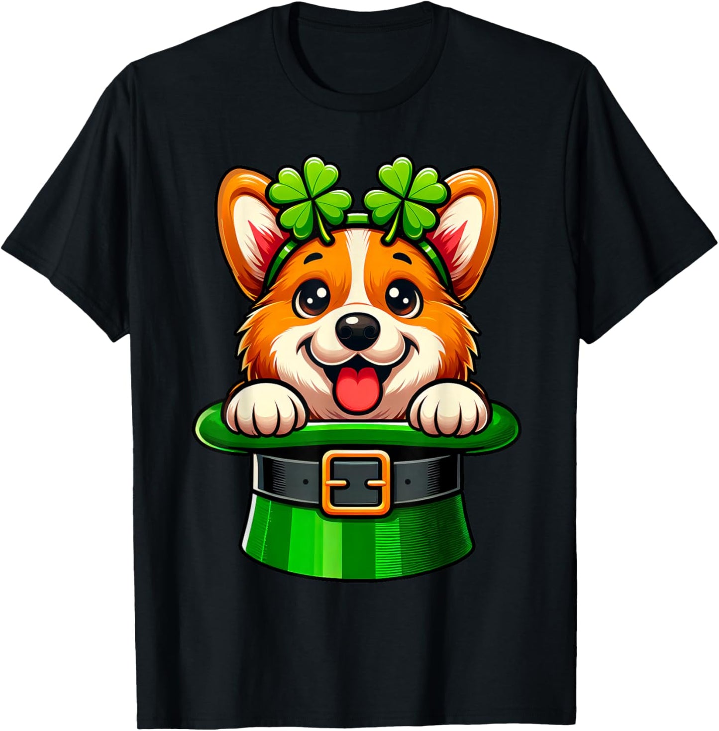 Corgi St Patricks Day Leprechaun Shamrock Irish Corgi Lover T-Shirt - T-Shirt | Black
