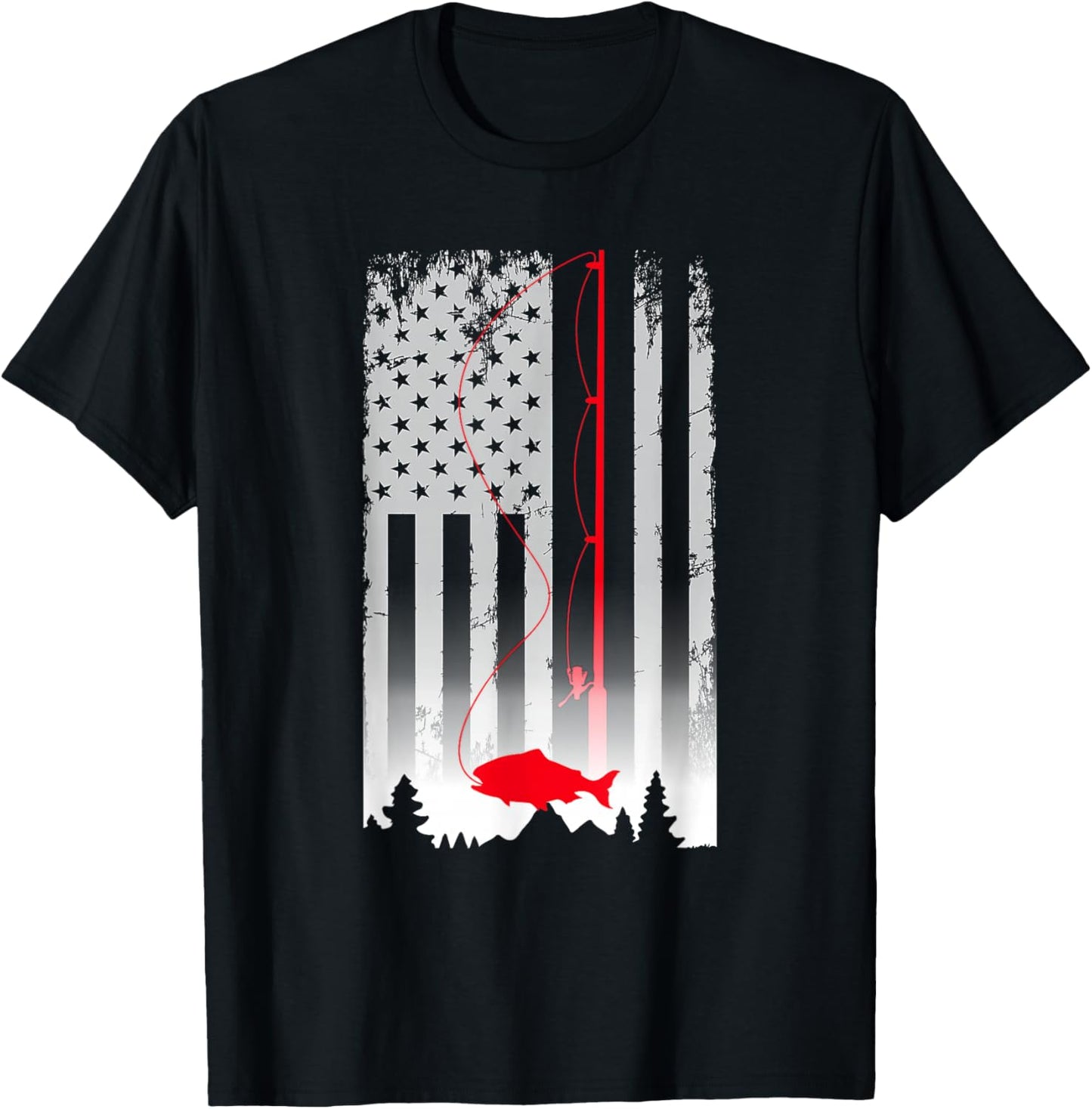 Fishing Pole American Flag Vintage Patriotic Fisherman T-Shirt - T-Shirt | Black