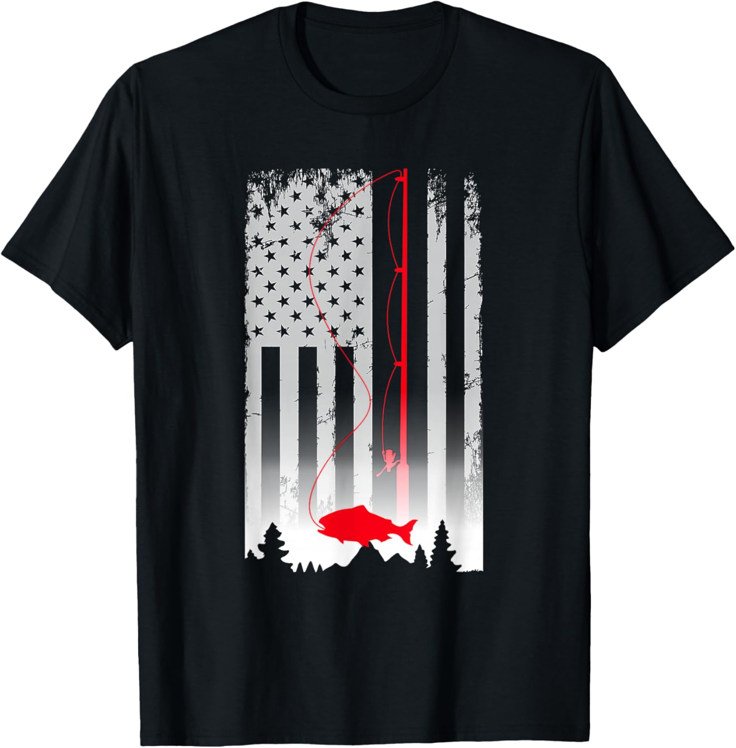 Fishing Pole American Flag Vintage Patriotic Fisherman T-Shirt - T-Shirt | Black