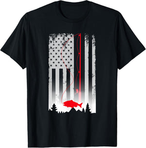 Fishing Pole American Flag Vintage Patriotic Fisherman T-Shirt - T-Shirt | Black