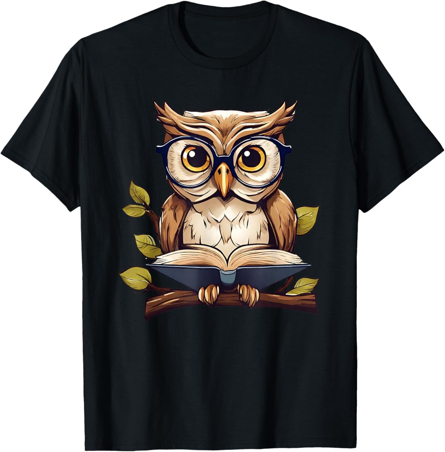Funny Owl Reading A Book Perched On A Branch Bookworm T-Shirt - T-Shirt | Black