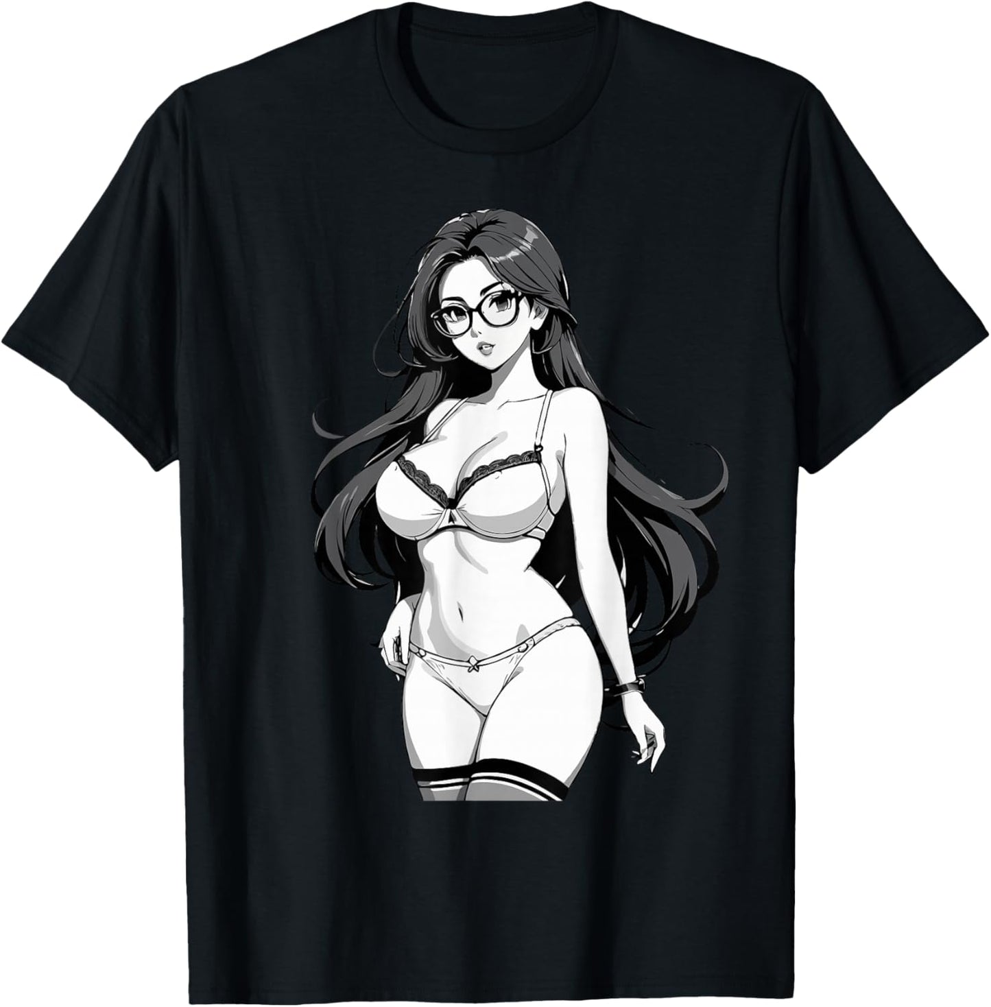 Sexy Waifu Otaku Anime Girl Japanese in Black and White Art T-Shirt - T-Shirt | Black